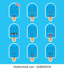 Cute Blue Popsicle Mascot Design Set