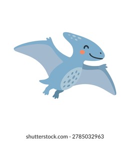 Cute blue pterodactyl vector illustration, funny flying pterosaur dinosaur cartoon