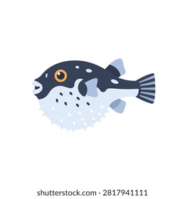 Cute Blue Pufferfish Vector Illustration Isolated on White Background, Fugu Fish Flat Icon Design