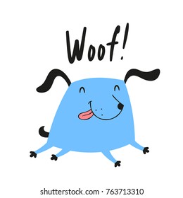 Cute blue puppy with black ears, paws and tail running and with tongue sticking out doodle. Woof lettering. Design element for print (greeting card, poster, apparel, sticker).