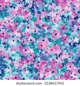 Cute blue and purple floral watercolor seamless pattern with watercolor background. Tiny small flower vector illustration. Watercolor print in rustic vintage style, textile or wallpapers.