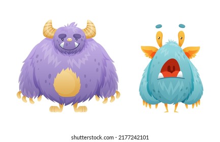 Cute Blue and Purple Monster Character as Toothy and Hairy Mutant with Funny Friendly Face and Big Mouth Vector Set