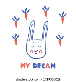 Cute blue rabbit with carrots on a white background. Dreams. Happiness. Hand drawing. Background for the cover.