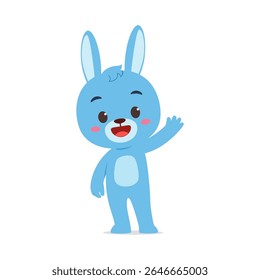 Cute Blue Rabbit Cartoon Character Waving Hand with Happy Expression on White Background