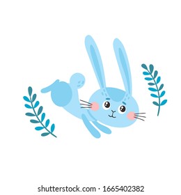 Cute blue rabbit character jumping for easter isolated on white. Vector illustration with happy hare in cartoon style used for kids magazine, book, stickers, greeting cards.