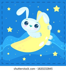 Cute blue rabbit on the moon on background with night sky and stars. Great illustration for kids design. 