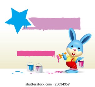 A cute blue rabbit paint a star on the wall with empty area for text or image ready to use during Easter celebration.