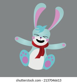 Cute blue rabbit with a red scarf. Flat. Vector.