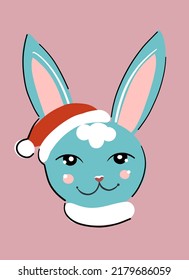 Cute blue rabbit in Santa Claus hat. The head of a rabbit in the cartoon style.