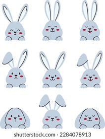 Cute blue rabbits with red cheeks. Vector Easter design. Faces with different emotions