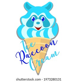 cute blue raccoon with a striped tail ice cream in cone