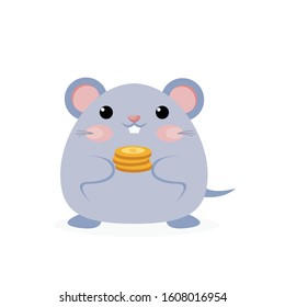 cute blue rat character hold golden coin on white background illustration vector