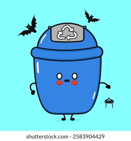 Cute blue recycling bin character holding a spider on a festive background with bats