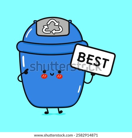 Cute Blue Recycling Bin character holding a best sign. Vector hand drawn cartoon kawaii character illustration icon. Isolated on blue background. Playful Blue Trash Can Cartoon
