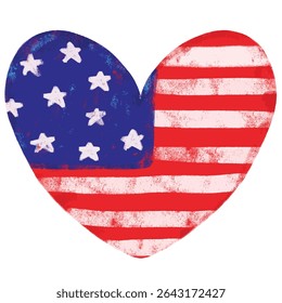 Cute blue red stars hand drawn heart love shape flag happy 4th of july united states of America national independence day usa pattern grunge brush watercolor crayon doodle kids illustration clipart