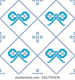 Cute blue ribbon.Cross Stitch embroidery seamless.Geometric abstract pixel ethnic patterns background texture.Beautiful trendy Nordic folk art background design for products, fabric, print, decorate.