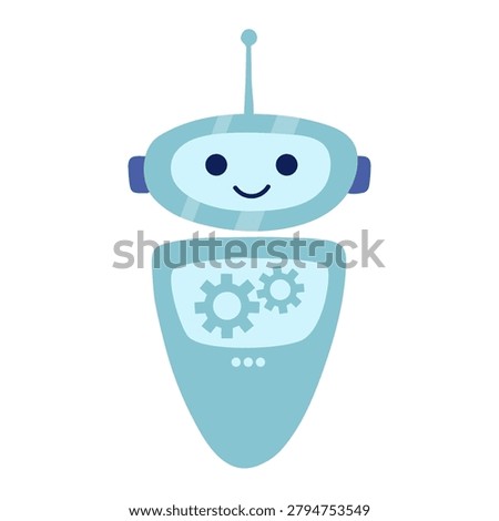 Cute blue robot character with gear icons and antenna. Friendly chatbot mascot in flat cartoon style. Vector illustration