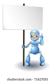 A cute blue robot character holding up a sign and pointing to it