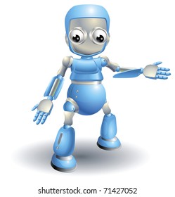 A cute blue robot character showing the viewer something with a hand gesture