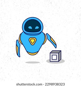 Cute blue robot with cubic cartoon vector icon illustration. Science technology icon concept isolated premium vector. Flat cartoon style.