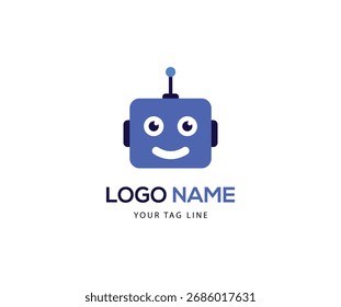 Logo azul lindo de la cara del robot con el marcador de posición del texto aislado en el fondo blanco que presenta el robot amistoso de la IA, el carácter de la historieta, la automatización digital, la tecnología cibernética, y el diseño simple.