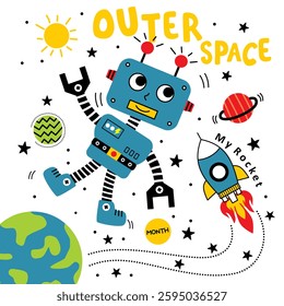 Cute blue robot floating in outer space with planets, stars, and a flying rocket. Sci-fi and adventure concept
