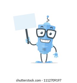 Cute blue robot holding (blank) sign vector cartoon illustration in flat style