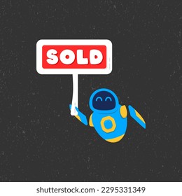 Cute blue robot holding sold sign vector illustration