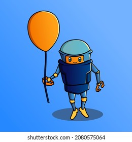 
cute blue robot mascot character design carrying orange balloon