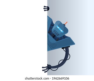 Cute blue robot peeks look out behind corner blank poster space for text. Cyborg character holding empty white board for presentation. Robotic information banner mockup interface eps illustration