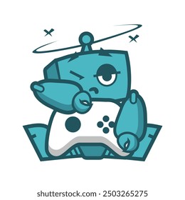 Cute blue robot playing video games with a gaming controller. Perfect for tech, gaming, and entertainment.