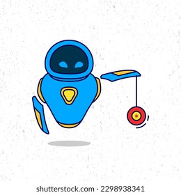 Cute blue robot playing yo-yo cartoon vector icon illustration. Science technology icon concept isolated premium vector. Flat cartoon style.