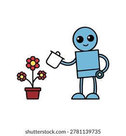 Cute blue robot watering red and yellow flowers in a brown pot red flowers