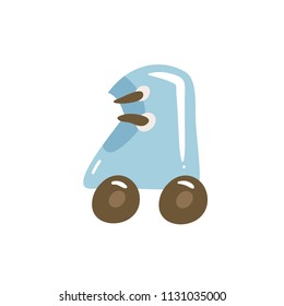 Cute blue roller skate illustration. Icon of rollers with brown wheels isolated on white background. Retro classic roller-skate commonly used in the 70s, 80s and 90s.