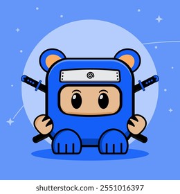 Cute Blue Rounded Square Bear Ninja with Two Sword, with Moon and Stars in Background Cartoon Vector Icon Illustration. People Holiday Icon Concept Isolated Premium Vector. Flat Cartoon Style.