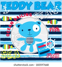 cute blue sailor teddy bear with striped fish background vector illustration