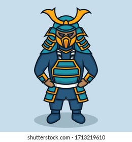 Cute Blue Samurai Cartoon Mascot Illustration