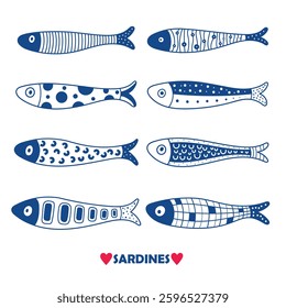 Cute blue sardine. Kids background. Sardines, salmon, tuna, tilapia. Vector set. Kids illustration.