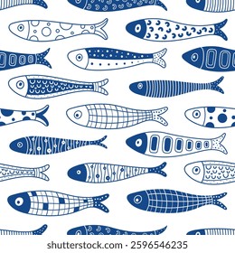 Cute blue sardine. Kids background. Sardines, salmon, tuna, tilapia. Vector set. Kids illustration.