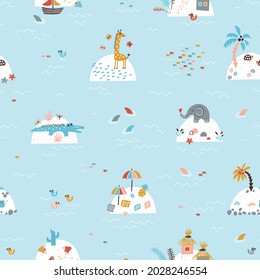 Cute Blue Sea and Islands with African Animals, Houses, Tropical Beaches, Palm Trees. Summer Seamless Pattern for Children. Colorful Background for Kids. Baby Wallpaper