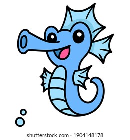 cute blue seahorse with cute face, doodle draw kawaii. vector illustration art