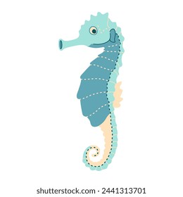 Cute blue seahorse. Sea and ocean Syngnathidae animal. Underwater life. Hippocampus character. Trendy flat vector illustration isolated on white background.