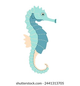 Cute blue seahorse. Sea and ocean Syngnathidae animal. Underwater life. Hippocampus character. Trendy flat vector illustration isolated on white background.