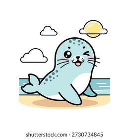 Cute blue seal with black spots lounging on a sandy beach under a sunny sky with clouds ocean
