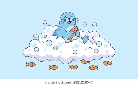Cute blue seal smiling while holding a fresh fish and relaxing on fluffy white cloud of soap bubbles in blue sky.
