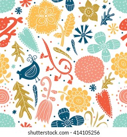 Cute blue seamless pattern with flowers and birds. Vintage and retro.
