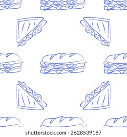 Um bonito azul sem costura padrão com esboço sanduíche. Impressão com rabiscos de hambúrguer. Fundo, banner, papel de parede, papel de embrulho, capa de caderno, modelo de tecido.