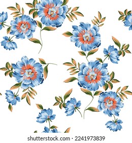 cute blue seamless vector stock flowers with leaves bunches pattern of white