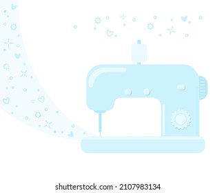 Máquina de coser azul suave aislada en fondo blanco. Caricatura de estilo plano. Ilustración del vector