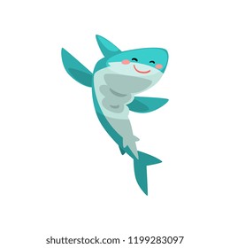 Cute blue shark cartoon character jumping vector Illustration on a white background